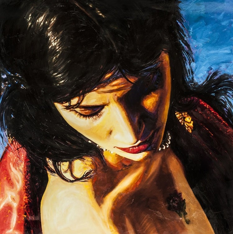 Feeling, oil on canvas, 40 x 40 in, emotional female portrait oil painting by Alexander Sheversky.