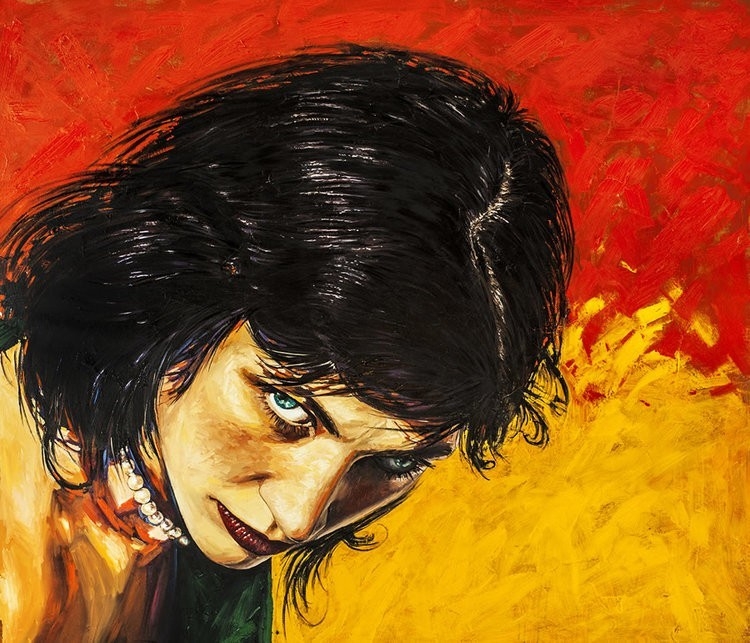 Title: Look at me, oil on canvas, 40 x 48 in, emotional female portrait oil painting with intense gaze by Alexander Sheversky.