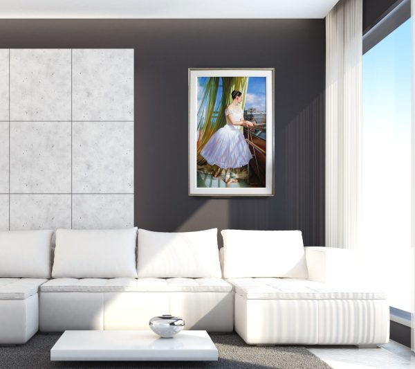 "The Dream" by Alexander Sheversky – 48x30 inch oil on canvas showing a ballerina in a white dress gazing out a window with green curtains, illuminated by natural daylight.