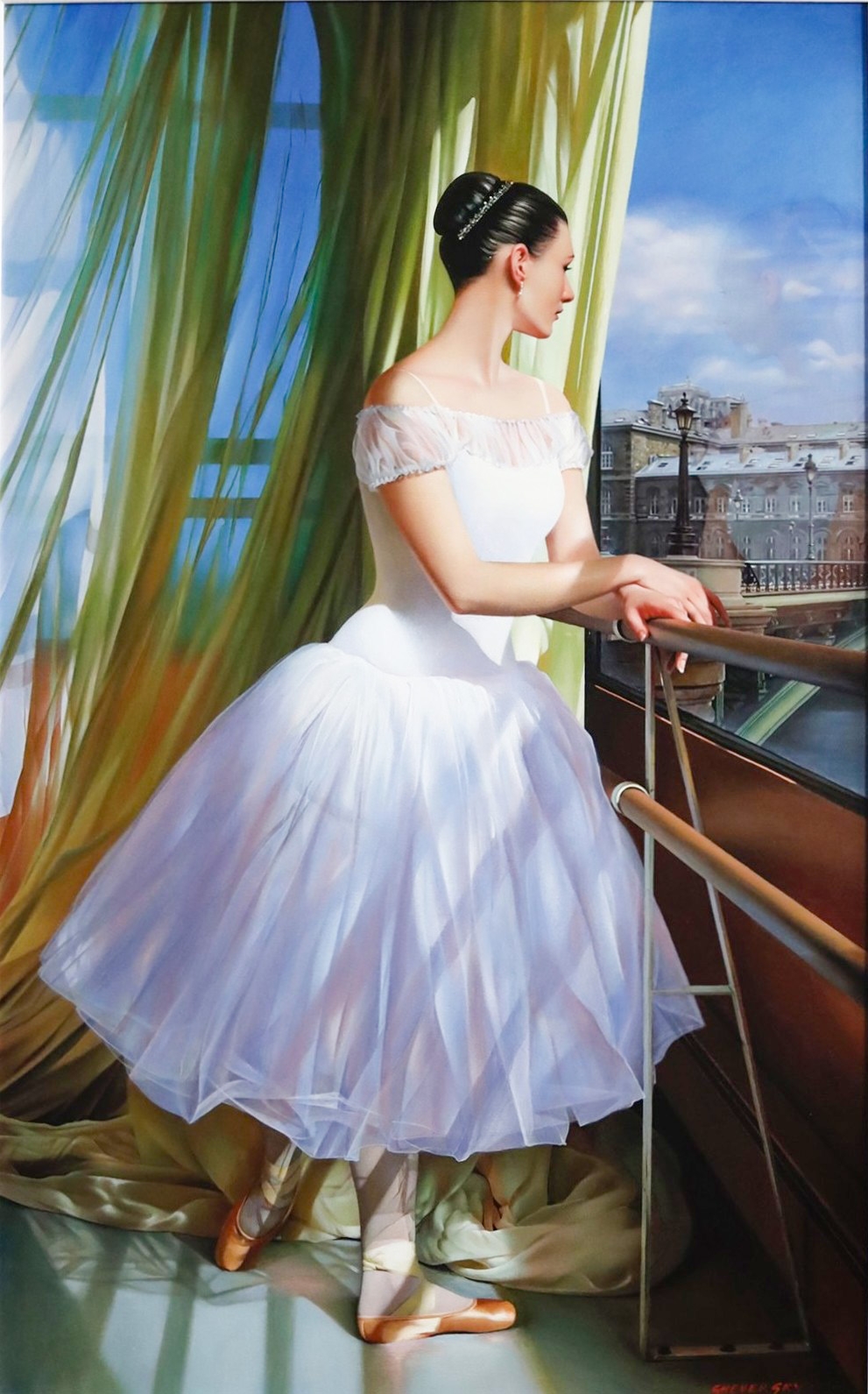 Title: The Dream by Alexander Sheversky – 48x30 inch oil on canvas showing a ballerina in a white dress gazing out a window with green curtains, illuminated by natural daylight.