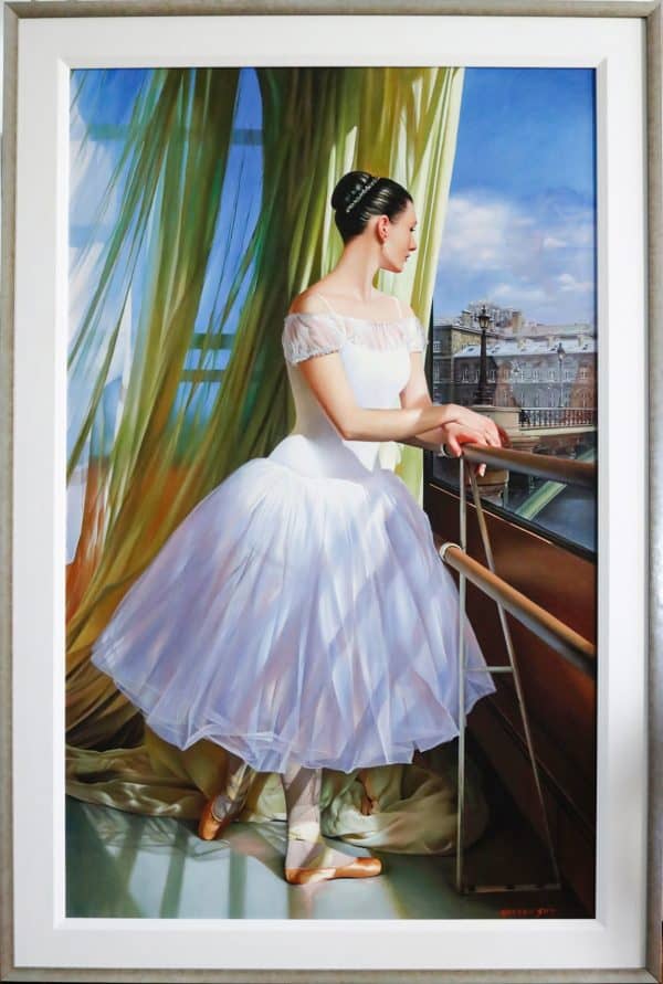 "The Dream" by Alexander Sheversky – 48x30 inch oil on canvas showing a ballerina in a white dress gazing out a window with green curtains, illuminated by natural daylight.
