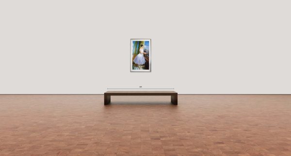 "The Dream" by Alexander Sheversky – 48x30 inch oil on canvas showing a ballerina in a white dress gazing out a window with green curtains, illuminated by natural daylight.