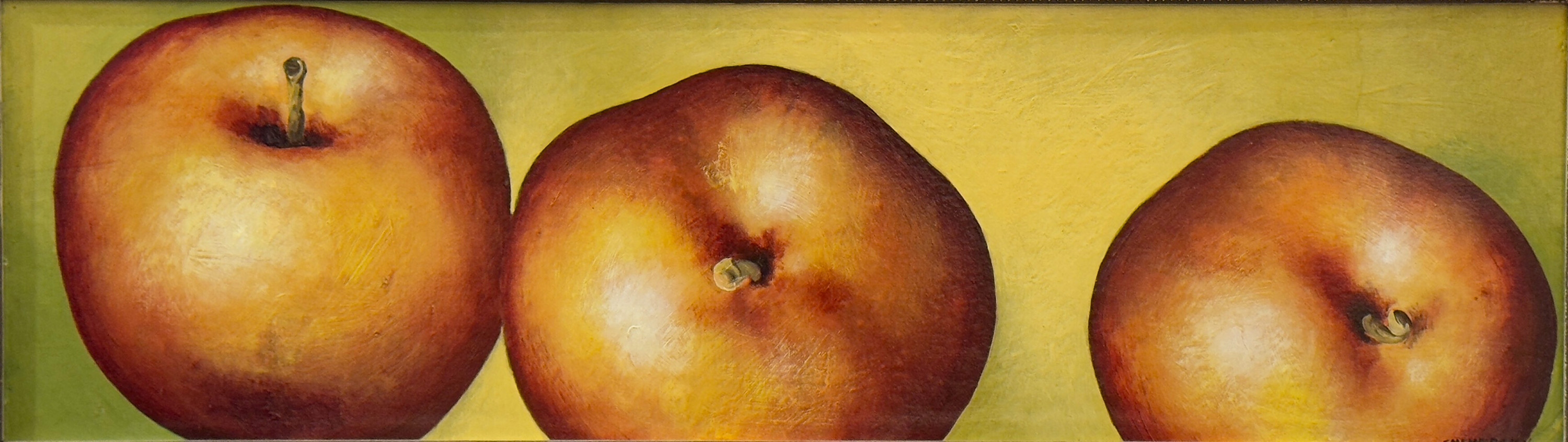 Three apples painted in a hyperrealistic style by Alexander Sheversky, arranged in a horizontal still-life composition.