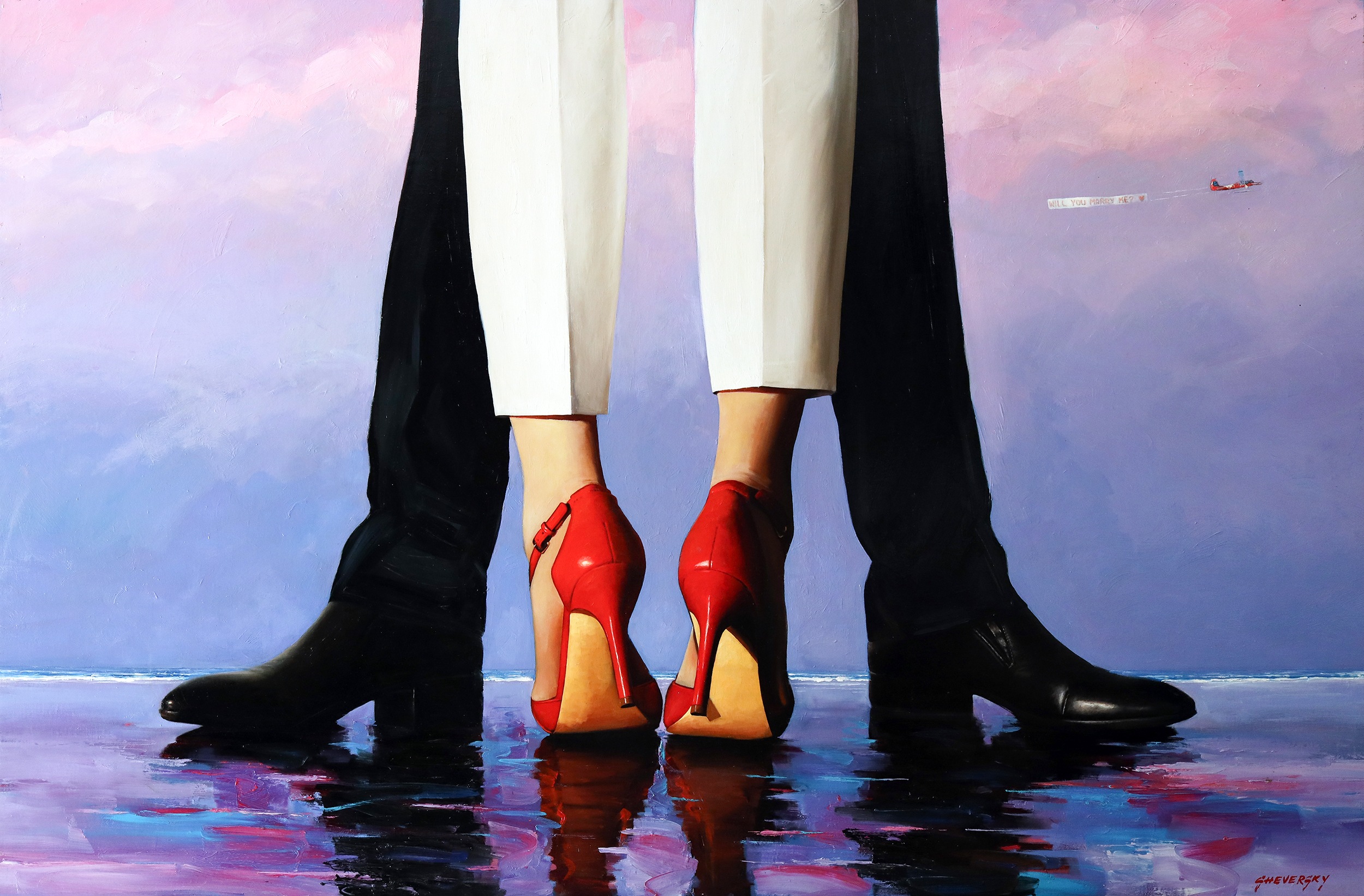 Alexander Sheversky, Will You Marry Me?, oil on canvas, 40 × 60 in, romantic scene with red heels and proposal message.
