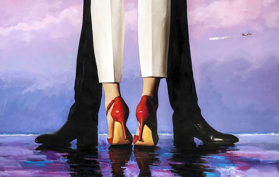Title: Will You Marry Me_Oil on Canvas_40x60 in, romantic oil painting of red high heels and couple proposal scene by Alexander Sheversky.