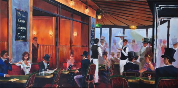 Contemporary Canadian Painter Kamiar Gajoum Cafe De Flore Ambiance 18X36 Original Oil