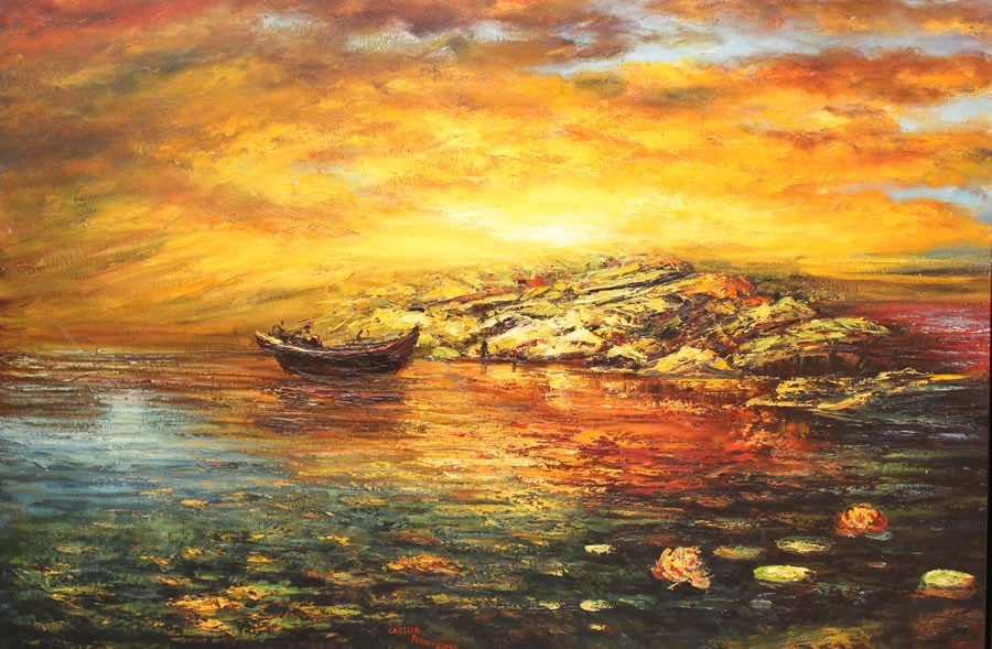 Landscape Painting. Title: The Sunrise for Good Life, Original Oil 32x47 inches by Canadian artist Cecilia Aisin-Gioro.