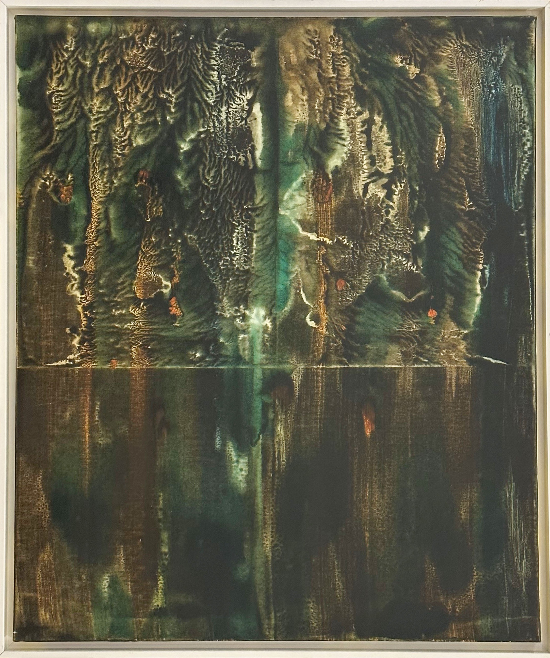 Title: Eden. Textured abstract acrylic painting with deep green and earthy tones by G. Kim Hinkson.