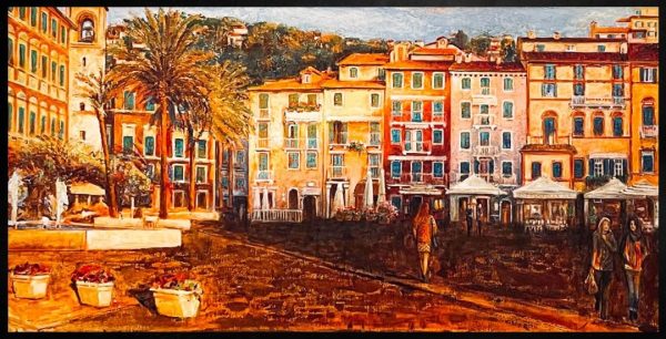 Landscape Painting. Title: Italian Rivera Acrylic 24x48 in by Canadian Artist Janice McLean.