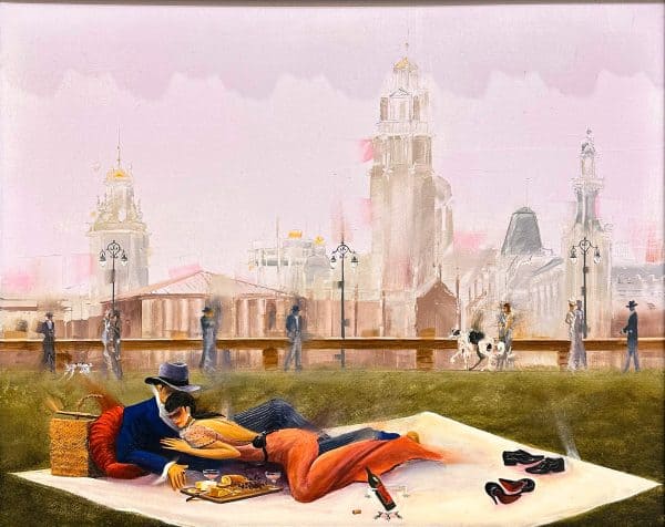 Contemporary Art. Title: Barcelona Picnic, Oil on Canvas, 16 x 20 in by Canadian Artist Kamiar Gajoum.
