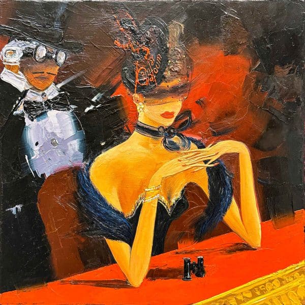 Contemporary Art. Title: The Opera Box, Oil on Canvas, 12 x 12 in by Canadian Artist Kamiar Gajoum.