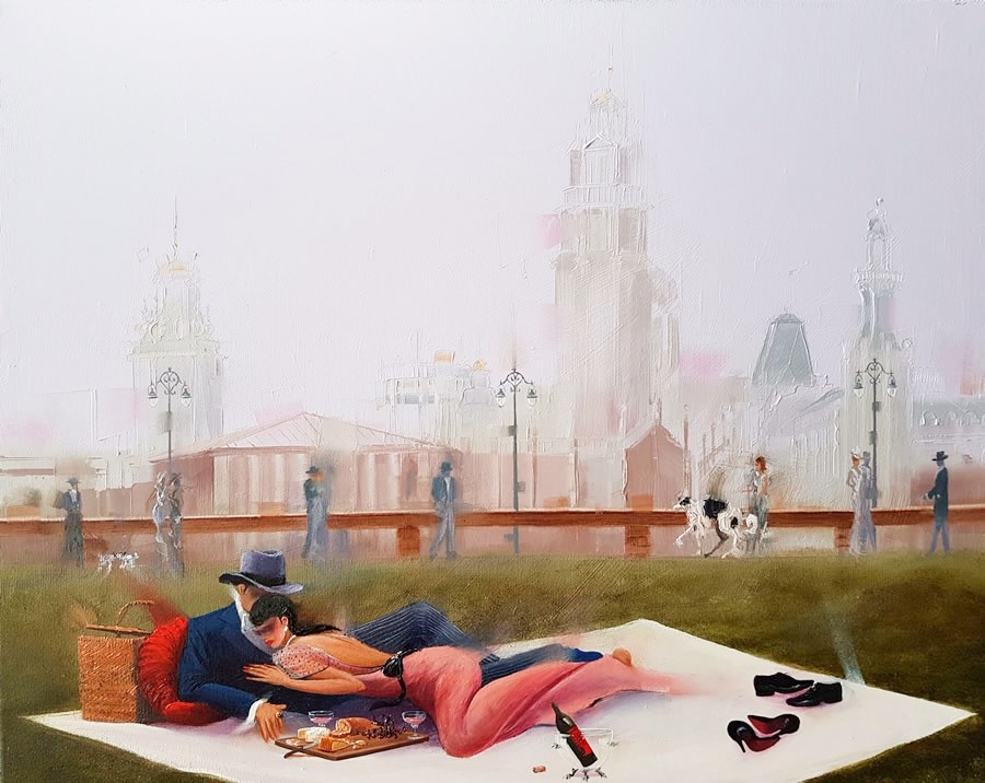 Kamiar Gajoum Barcelona Picnic Original Oil Painting 16X20