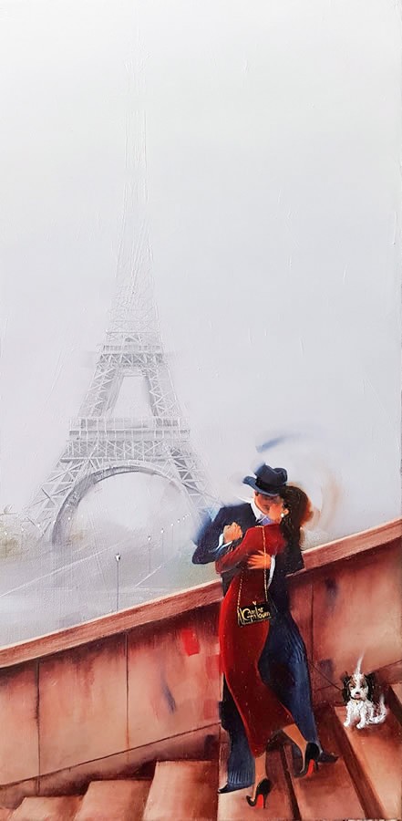 Contemporary Painting. Title: French Kiss, Original Oil Painting 20x10 inches by Contemporary Canadian Artist Kamiar Gajoum.