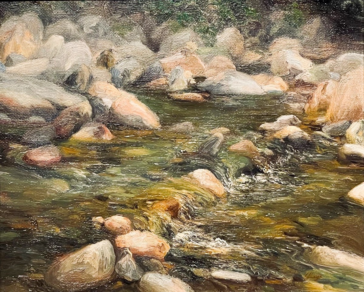 Landscape Painting. Title: Riverscape 2, Original Oil 9X11 inches by Contemporary Canadian Artist Liza Visagie.