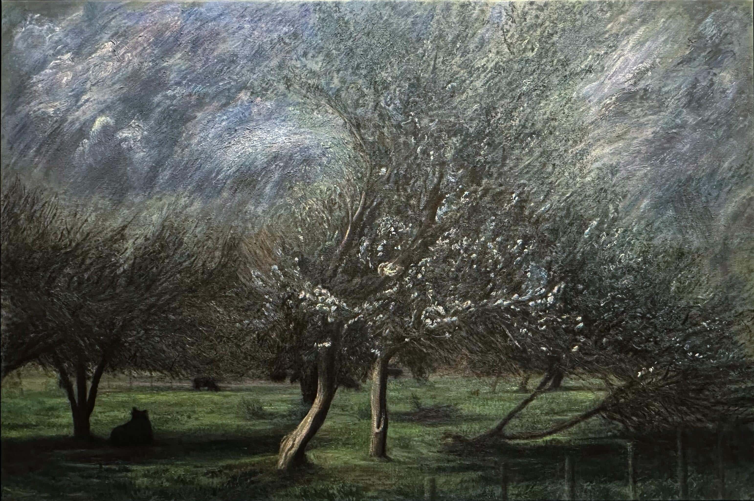 Contemporary art. Title: Dark Silhouettes in an Orchard Grove, Oil on Canvas, 52.5 x 79 in by Canadian artist Paul Chizik.