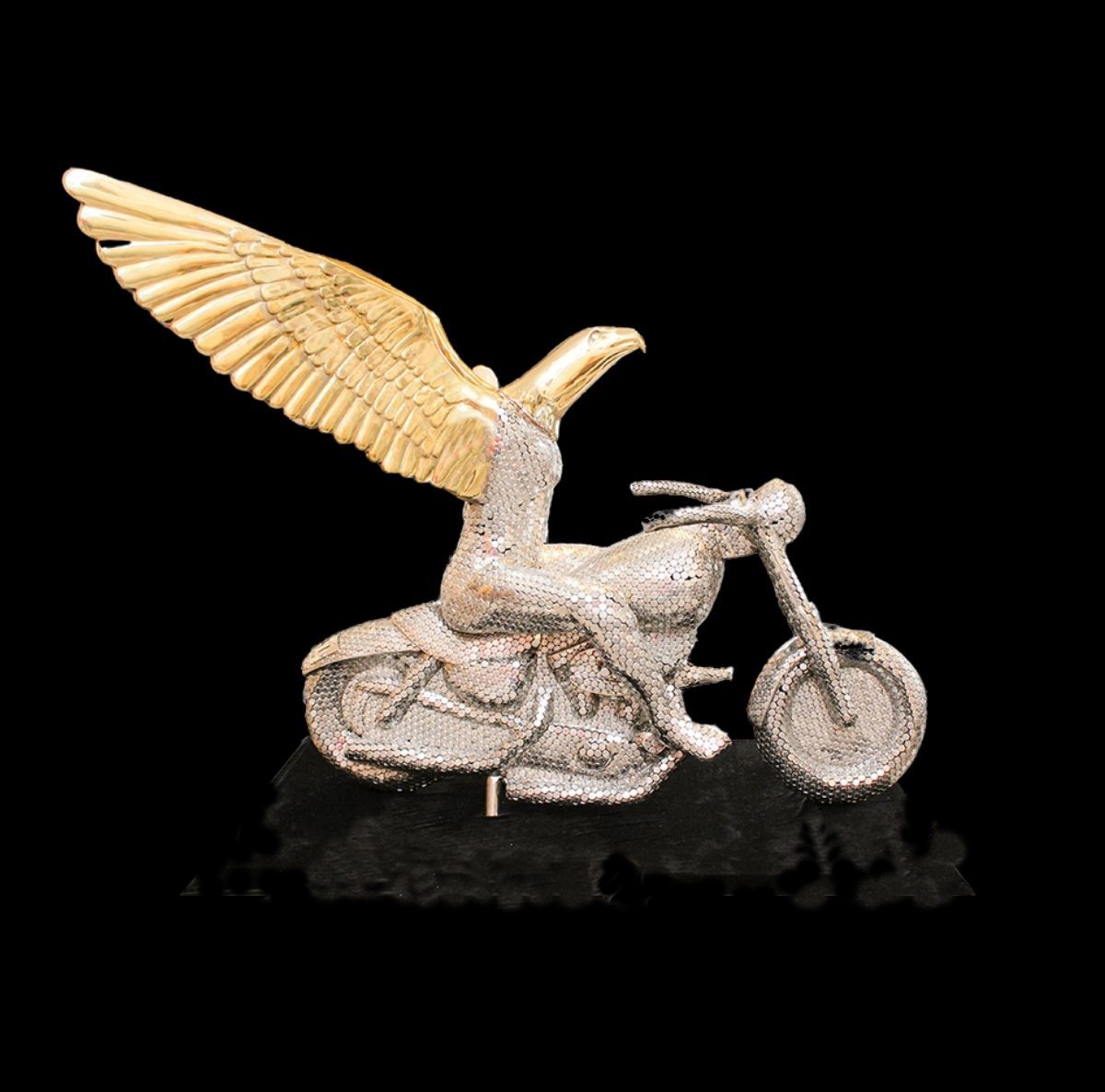 Show Off Contemporary Canadian Sculptor Eagle on Motorcycle Metal and Bronze sculpture