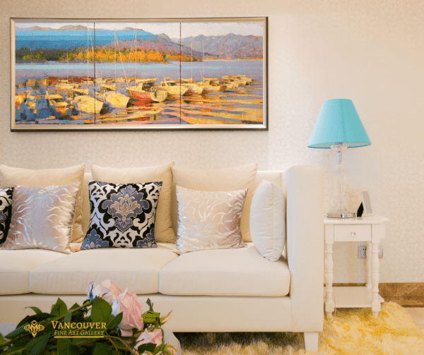 Painting on the living room wall. Title: Coal Harbour Ⅰ, Original Oil 22x50 inches by Senlin Gui. Vancouver, Boats.