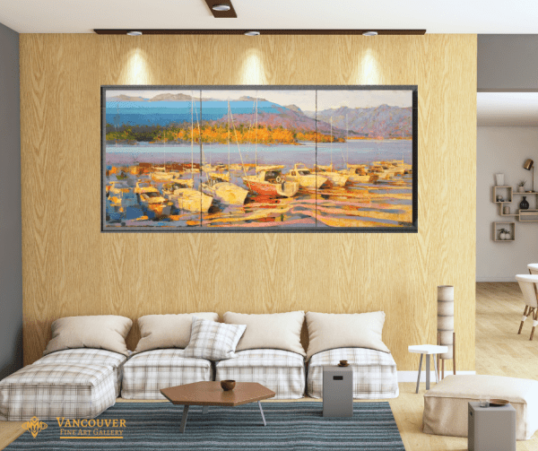 Landscape Painting. Title: Coal Harbour Ⅰ, Original Oil 22x50 inches by Senlin Gui. Vancouver, Boats.