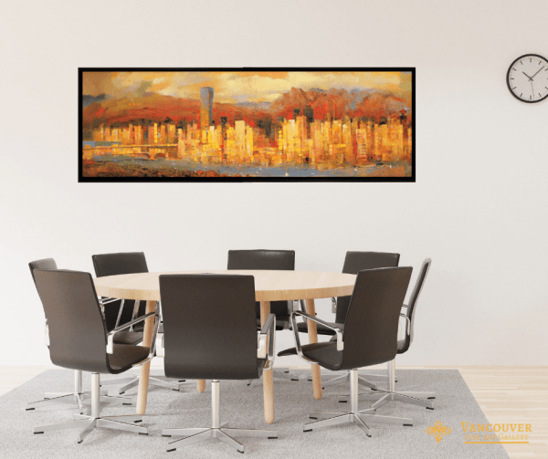 Cityscape Painting. Title: Downtown Vancouver, Original Oil 20.5x57.5 inches by Senlin Gui. Art of office, Vancouver sunset, beach.