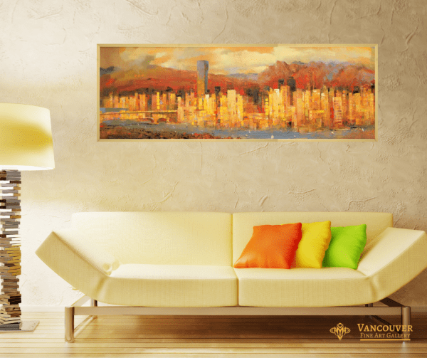 Cityscape Painting. Title: Downtown Vancouver, Original Oil 20.5x57.5 inches by Senlin Gui. Vancouver sunset, beach, Stanley Park.