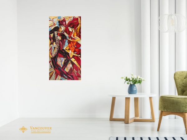 Contemporary Art. Title: Dance in Orange, oil on canvas, 36x 18 in by Contemporary Canadian artist Valeri Sokolovski.