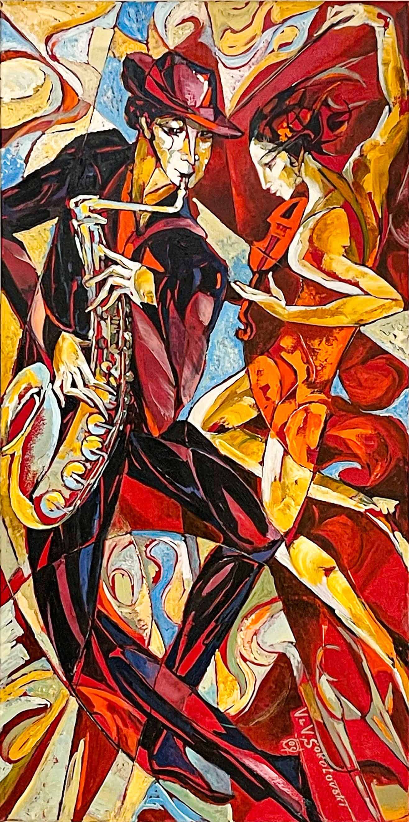 Abstract Art. Title: Dance in Orange, Original Oil_36x18 in by Canadian Artist Valeri Sokolovski.