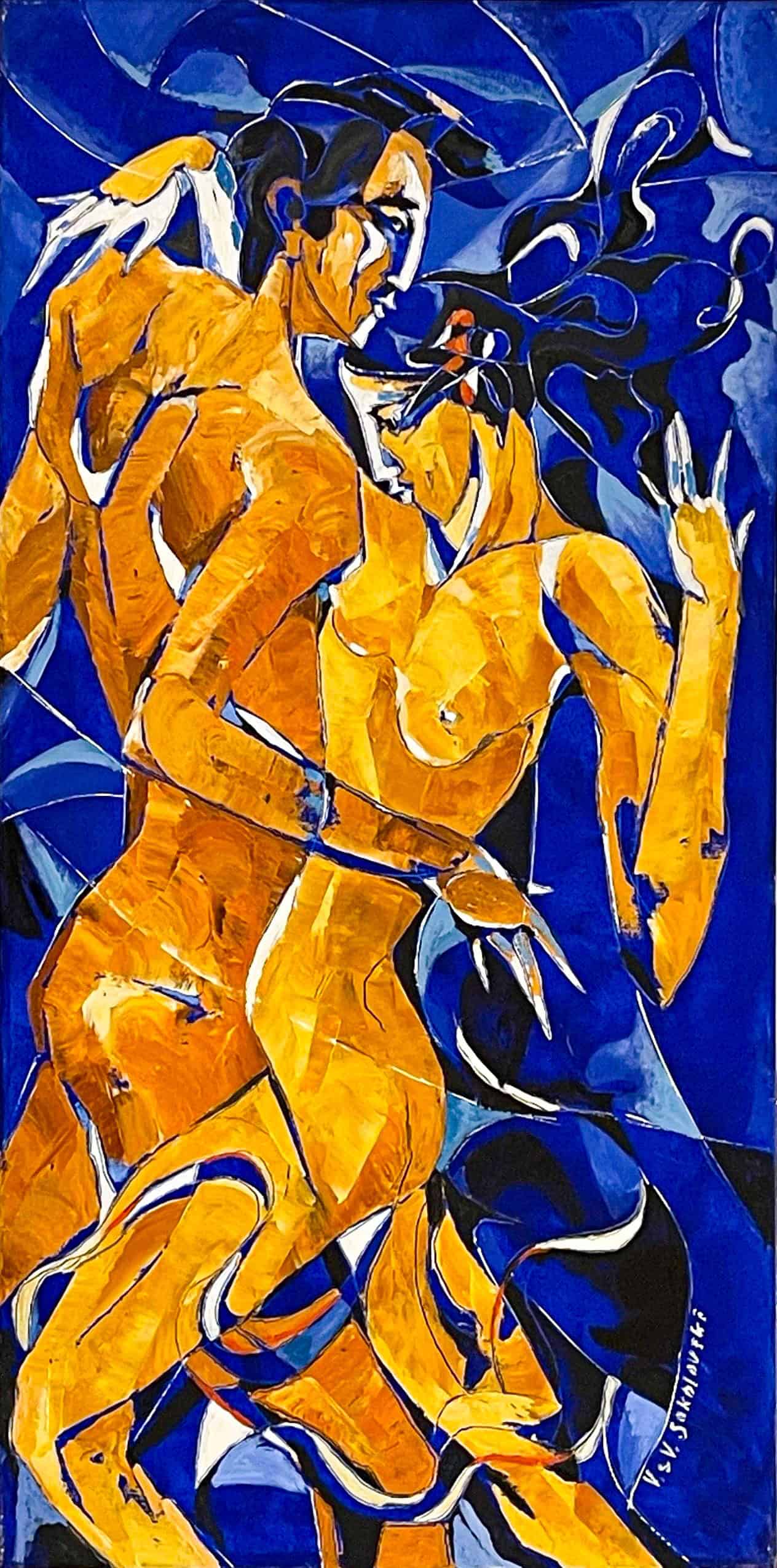 Abstract Art. Title: Tango Blue, Original Oil_36x18 in by Canadian Artist Valeri Sokolovski.