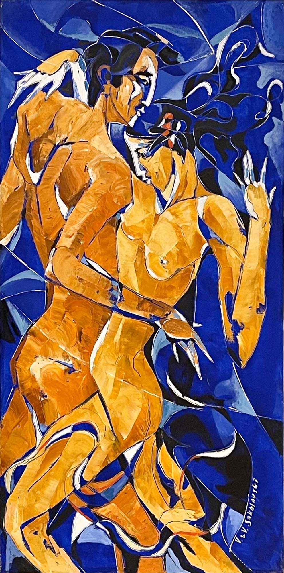 Abstract Art. Title: Tango Blue, Original Oil_36x18 in by Contemporary Canadian Artist Valeri Sokolovski.