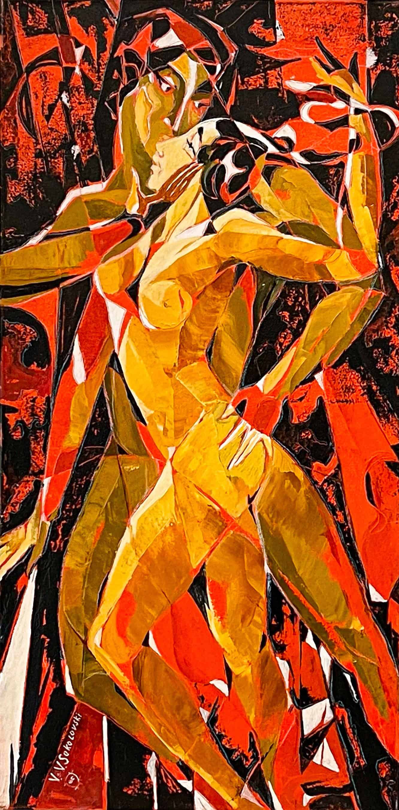 Contemporary art. Title: Tango Red, Oil on Canvas, 36 x 18 in by Canadian artist Valeri Sokolovski.