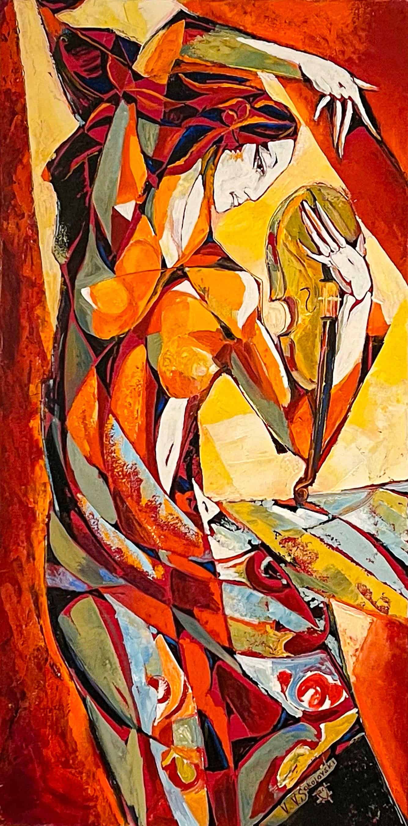 Valeri Sokolovski Violinist in Red oil painting featuring violin player in expressive modernist style