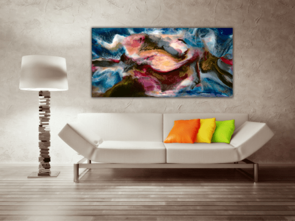 Abstract Painting on the wall. Title: The Beginning, Original Mixed Media 24"x48" by Holly Bromley.