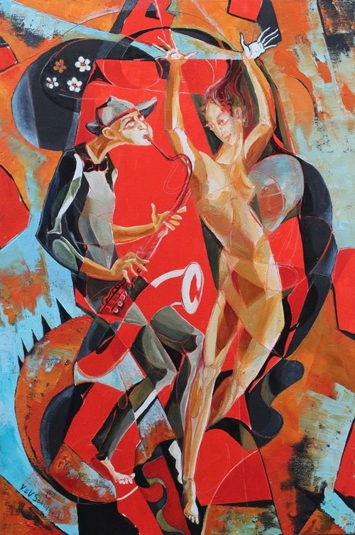 Contemporary Canadian Painter & Sculptor Valeri Sokolovski Red Sax Original Oil 36X18