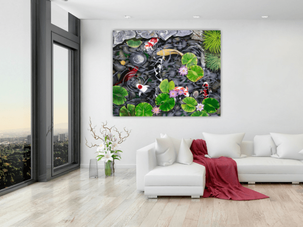 Painting on the living room wall. Title: Nine Koi, L.E 40"x50" by Holly Bromley. Fish in lotus Pond.