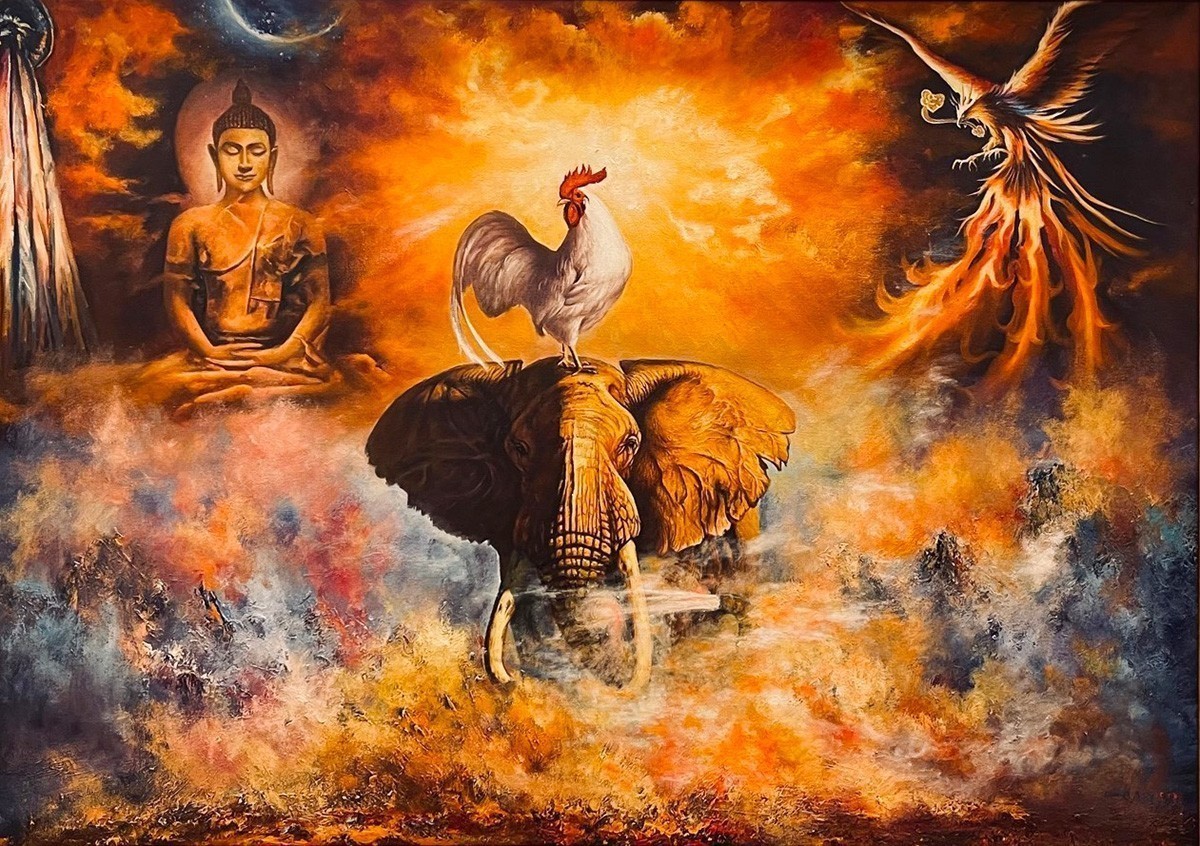 Title: Buddhas Voice, Original Oil 50x70 Frame by Canadian artist Cecilia Aisin-Gioro. Elephant with Rooster good lucky painting.