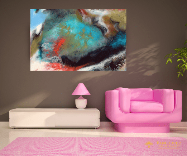 Abstract Painting on the wall. Title: Cenote Spring L.E 40"x60" by Holly Bromley.