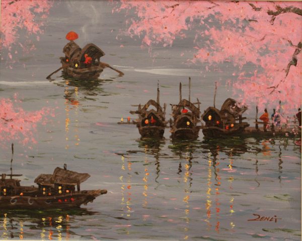 Uncle Zeng Little Boats With Blossoms Original Oil Painting 16x20