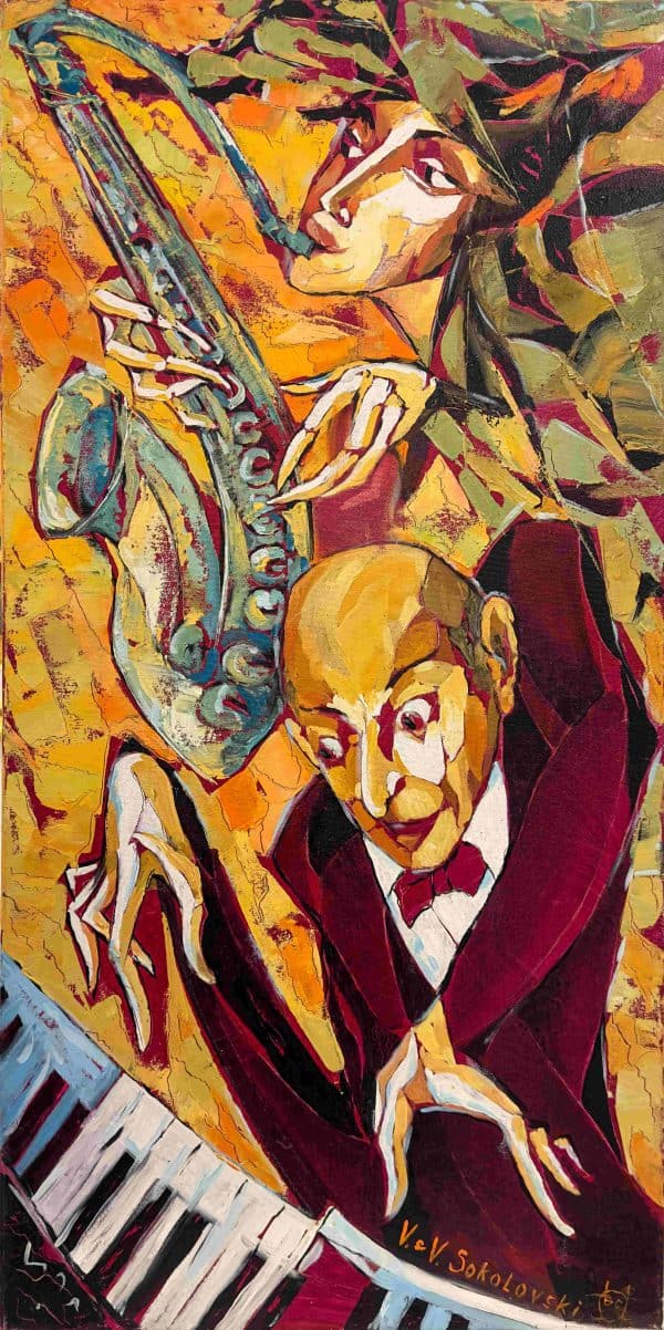 Cubism Painting. Title: Autumn Jazz, Original Oil 36x18 in by Canadian artist Valeri Sokolovski.