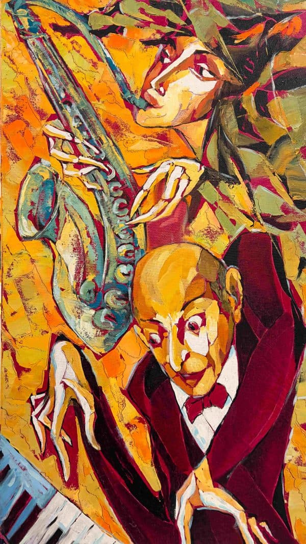 Cubism Painting. Title: Autumn Jazz, Original Oil 36x18 in by Canadian artist Valeri Sokolovski.