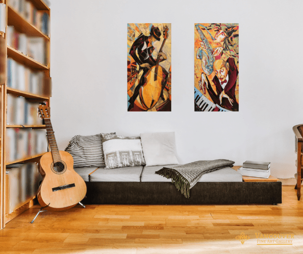 Abstract, Cubism Painting. Title: Cello on the Rood & Autumn Jazz by artist Valeri Sokolovski. Music artwork.