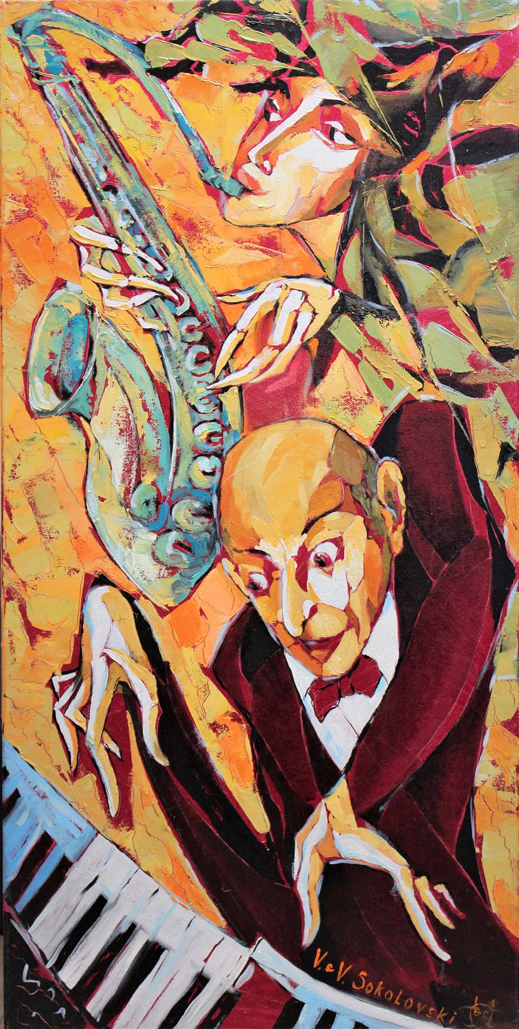 Cubism Painting. Title: Autumn Jazz, Original Oil 36x18 in by Contemporary Canadian artist Valeri Sokolovski.