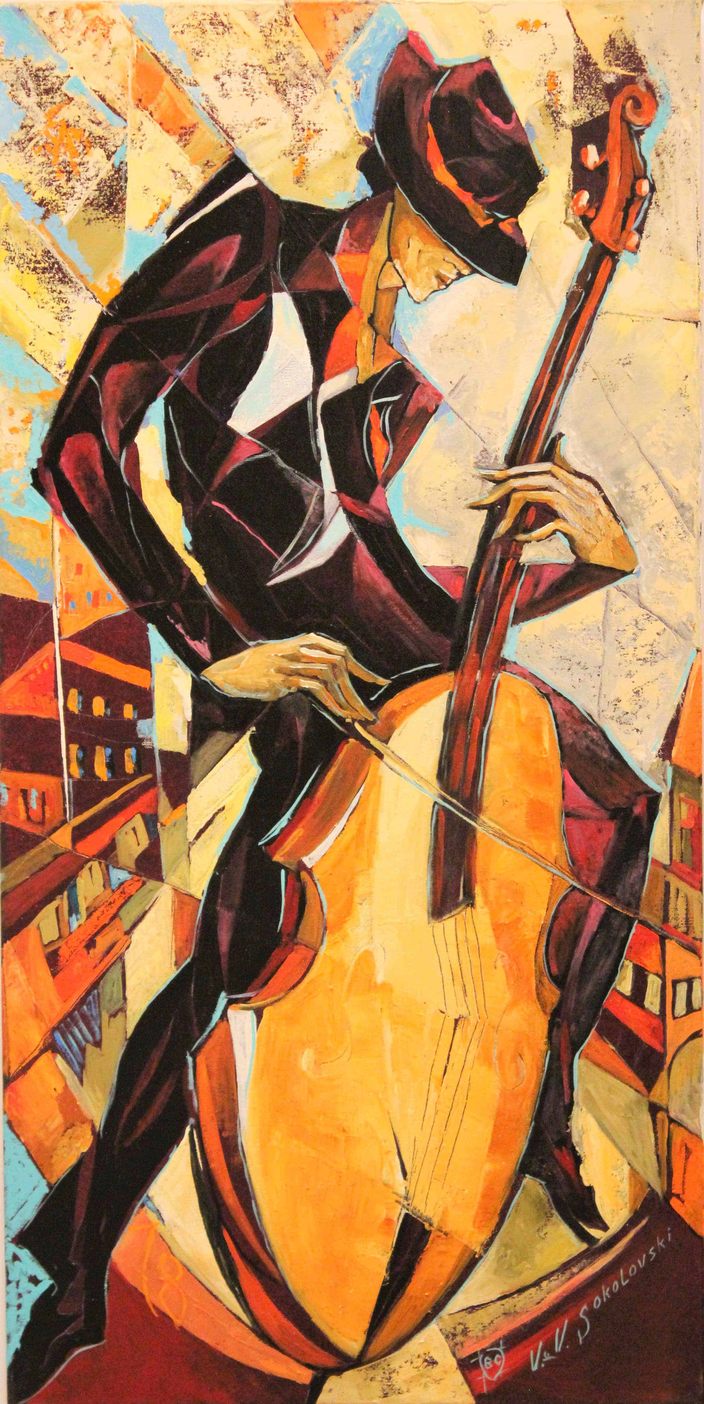 Cubism Painting. Title: Cello On The Roof, Original Oil 36x18 inches by Canadian artist Valeri Sokolovski.