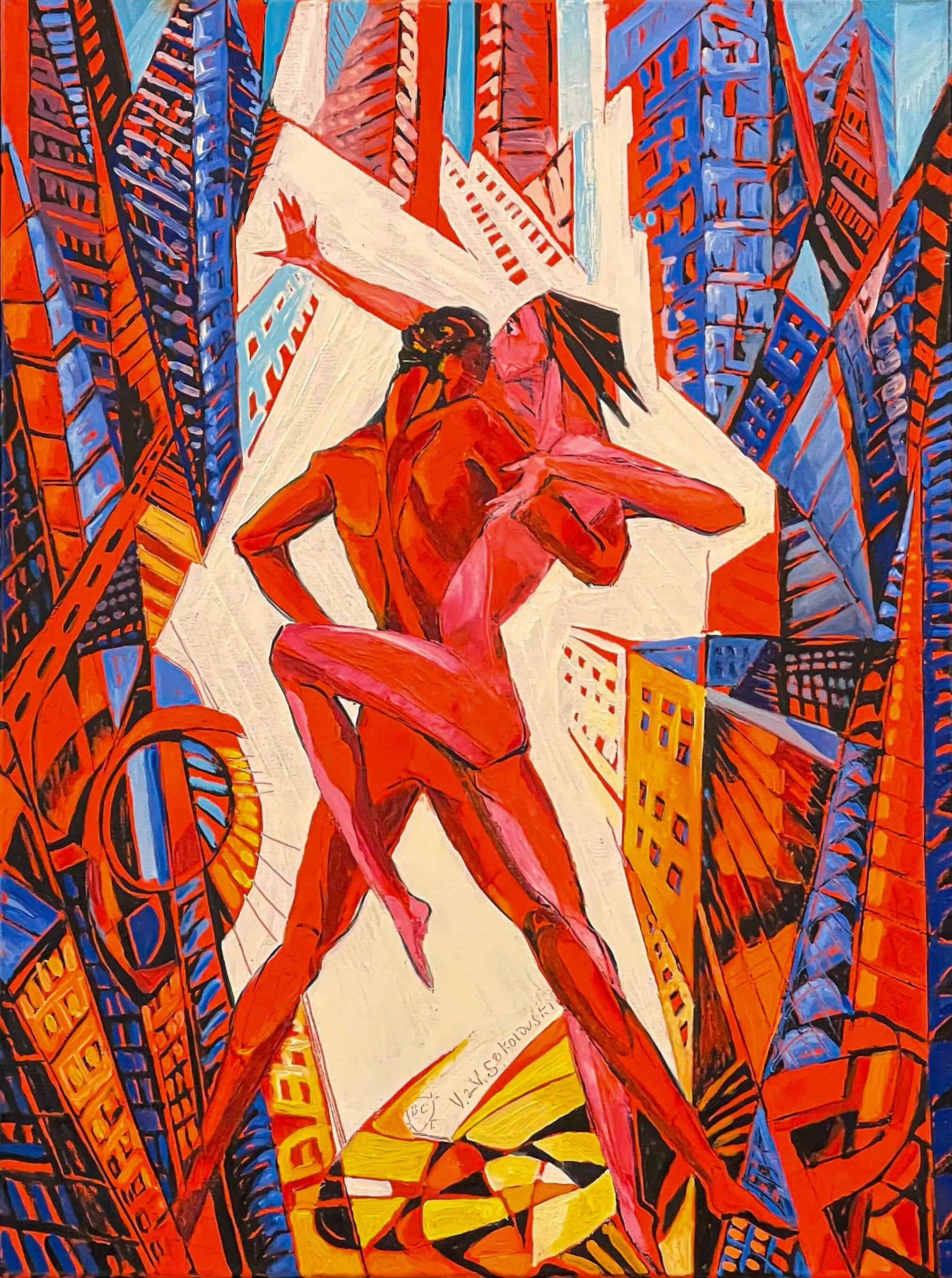 Valeri Sokolovski New York City Fantasy III oil painting featuring dancers in geometric New York cityscape