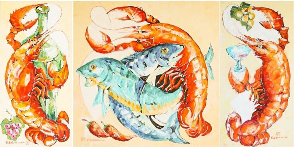 Valeri Sokolovski Lobster on White(Triptych) OriginalOil 24 x48