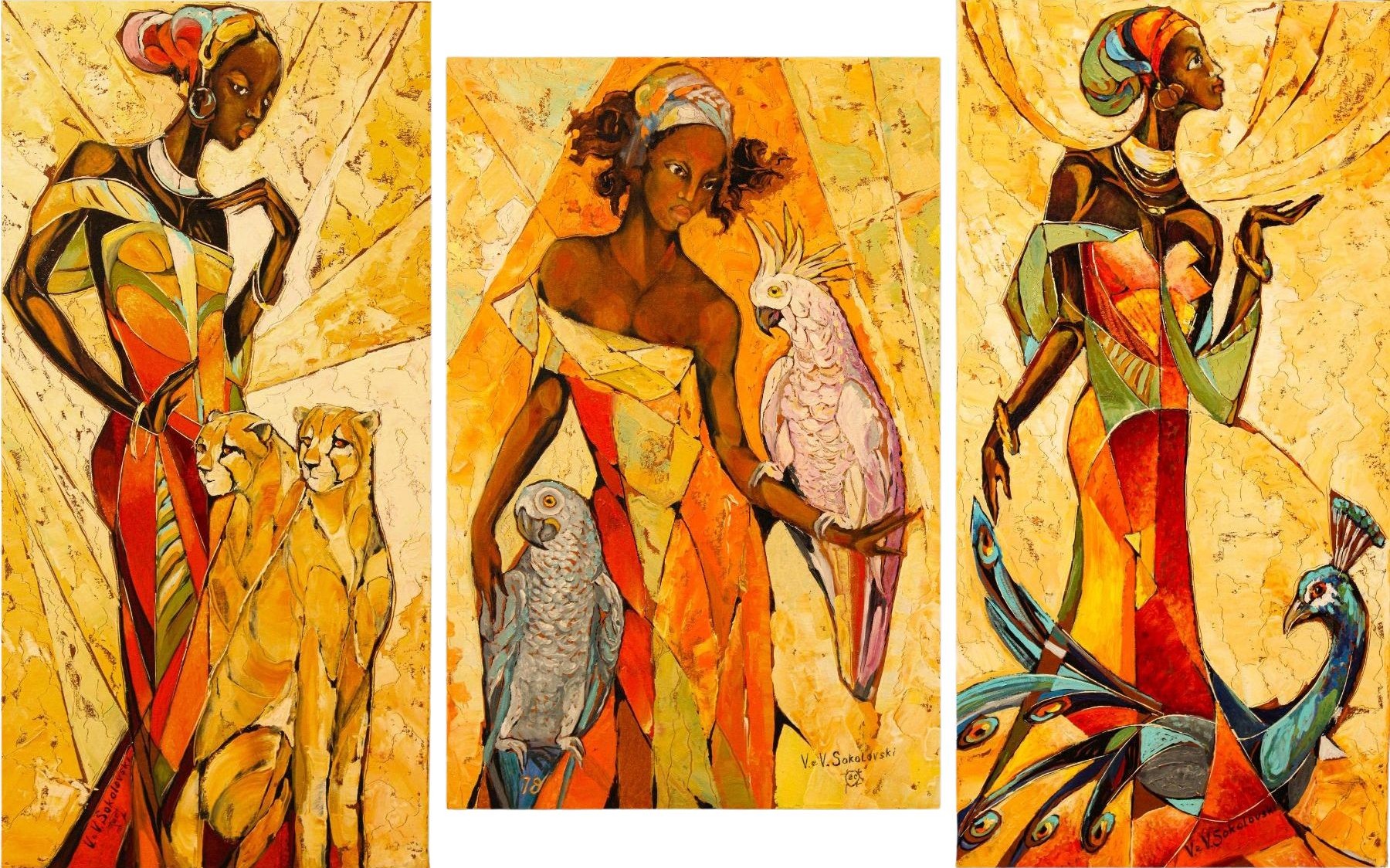 Golden Sun Triptych by Valeri Sokolovski, three-panel figurative painting with women and symbolic animals