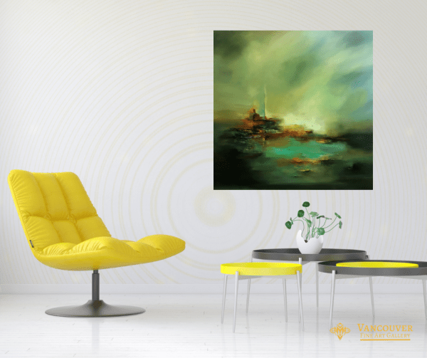 Painting on the wall. Title: Dream Land, Original Oil 40x40 by Farahnaz Samari, Abstract Landscape.
