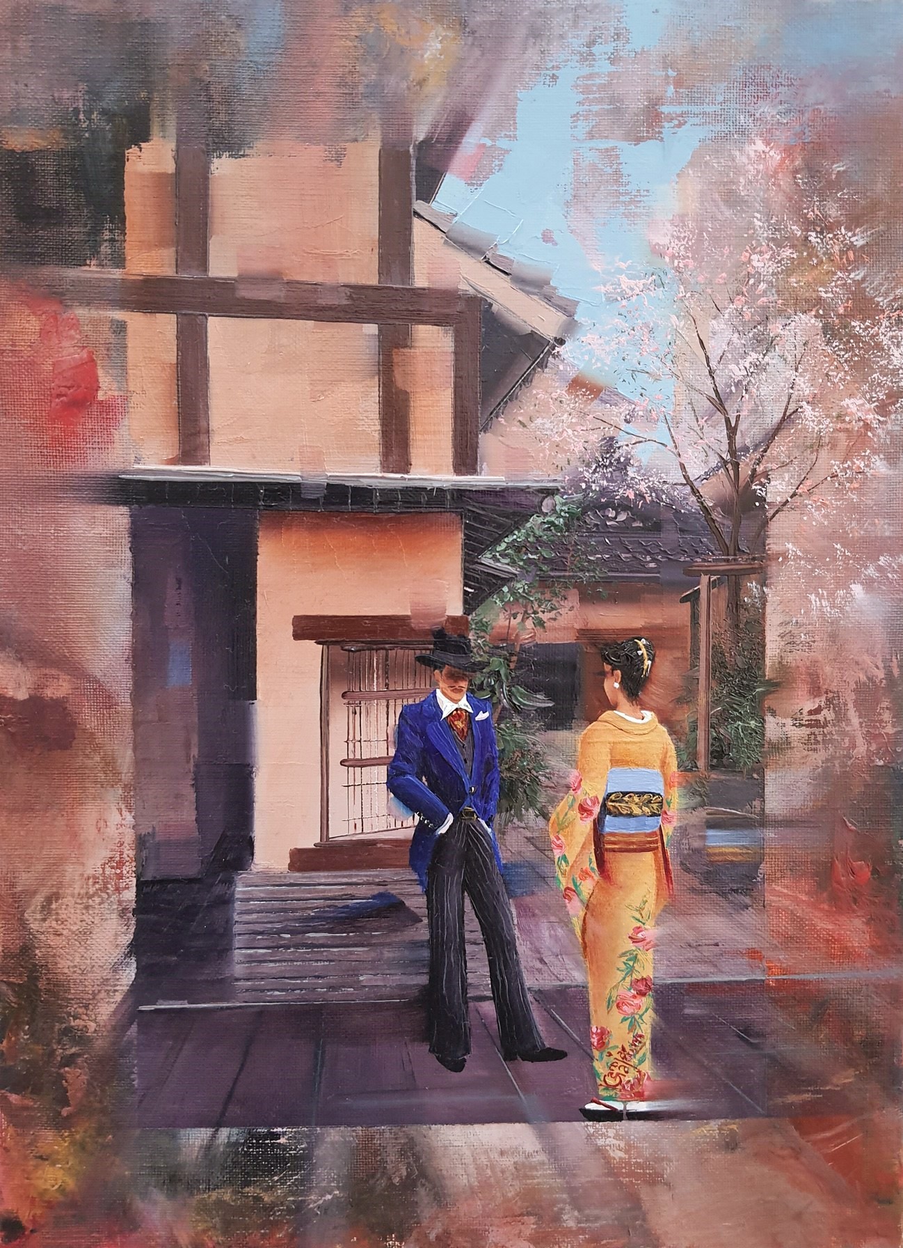 Kamiar Gajoum Date In Asakusa Original Oil Painting 13x9.5