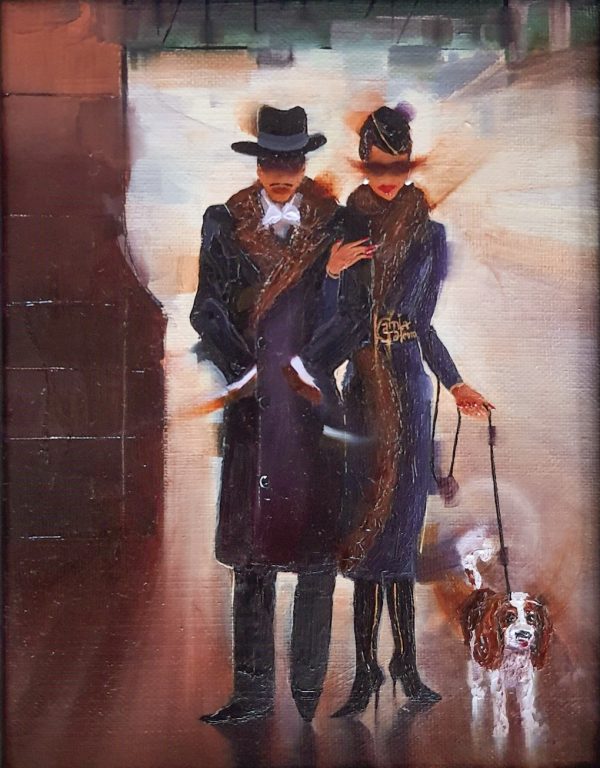 Kamiar Gajoum Elegant Couple By Night Original Oil Painting 7x5.5