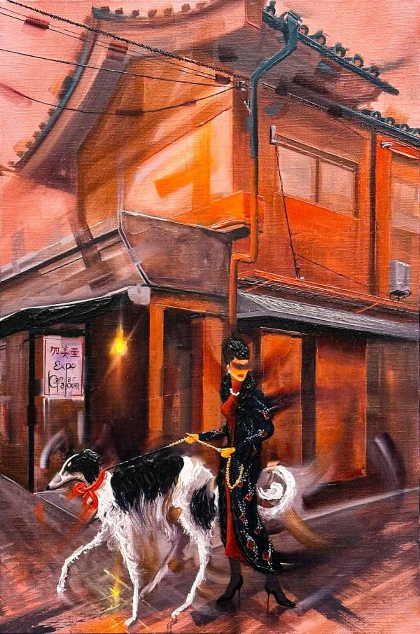 Contemporary Art. Title: Strolling Through Asakusa, Oil on Canvas, 16 x 11 in by Canadian Artist Kamiar Gajoum.