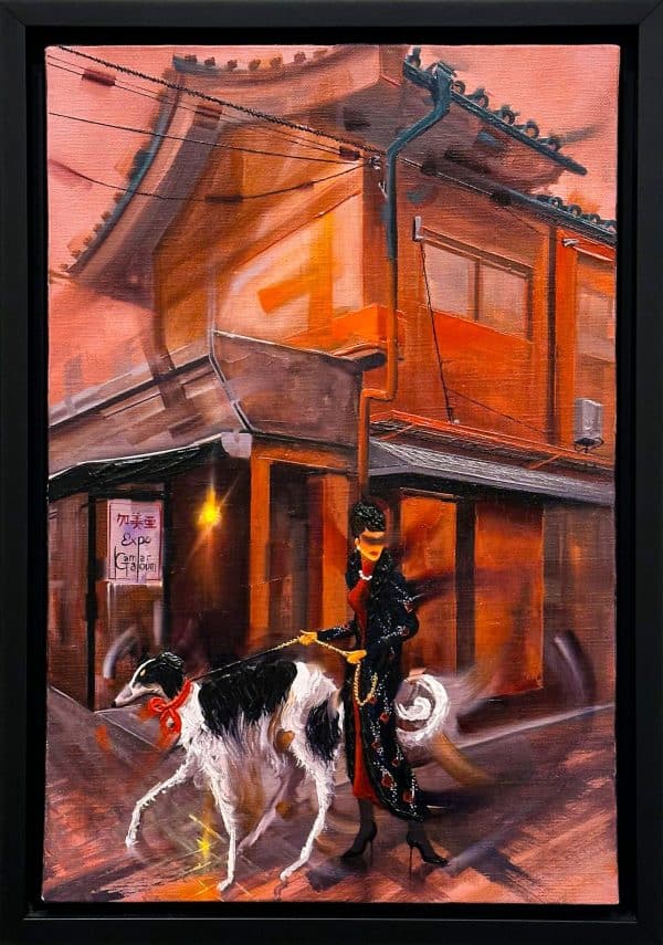 Contemporary Art. Title: Strolling Through Asakusa, Oil on Canvas, 16 x 11 in by Canadian Artist Kamiar Gajoum.