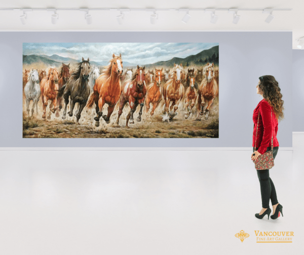 Contemporary Painting. Title: Thunder Spirits, Original Acrylic on Canvas 40x80 inches by Canadian artist Stephen Man-Fai Cheng. Galloping horses.